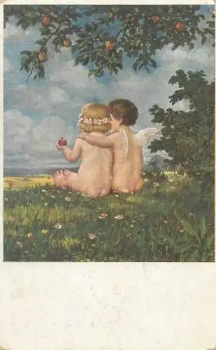 illustration Postcard angel children types in the garden
