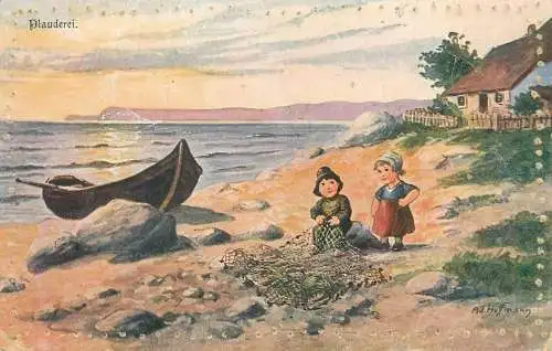 Fine Arts illustration signed Postcard ethnic children types fishing folk typical costumes man repairing net
