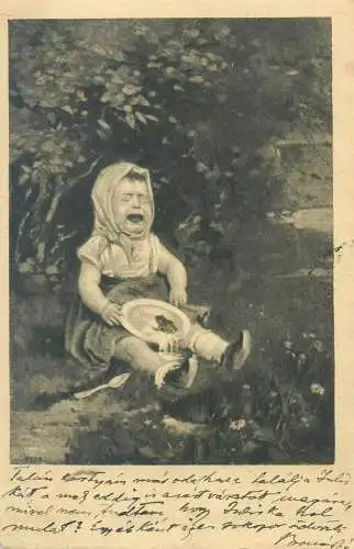 illustration Postcard crying little girl playing outside