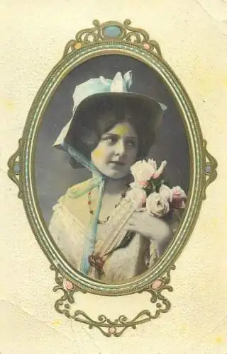 illustration Postcard young girl lady like portrait historical elegant outfit fancy hat roses bouquet
