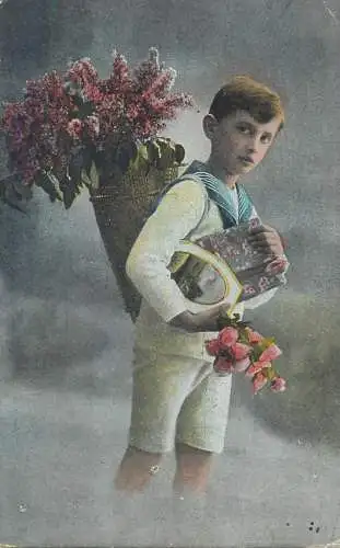 illustration Postcard young boy selling flowers
