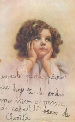 illustration Postcard beautiful girl daydreaming curly hairstyle