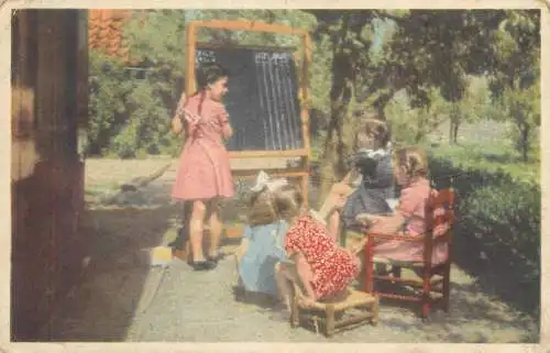 Postcard young girls children types playing school