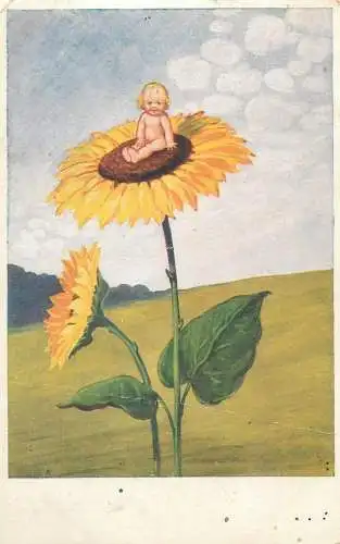 Postcard surrealism fantasy toddler on sunflower