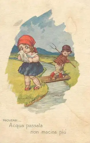 Acqua passata non macina piu Proverbi illustration Postcard adult like children types typical costumes
