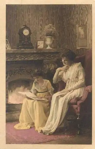 illustration Postcard loving mother and her daughter book reading
