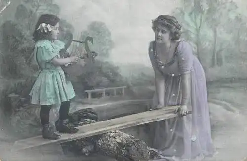 illustration Postcard loving mother and her harp playing daughter outdoor childhood games