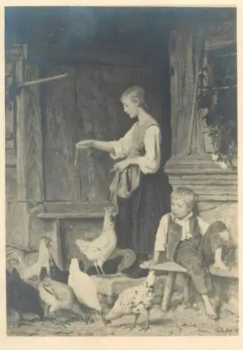 illustration Postcard loving mother and her young boy feeding the chicken rural life scenes