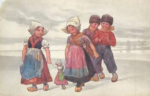 illustration Postcard Dutch ethnic children types wearing typical costumes