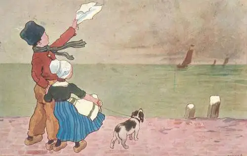 illustration Postcard Dutch ethnic types wearing typical costumes giving farewell to ship leaving shore