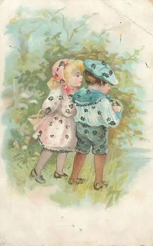 illustration Postcard children types romance couple elegant costumes