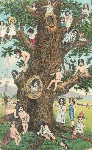 illustration Postcard children types climbing tree