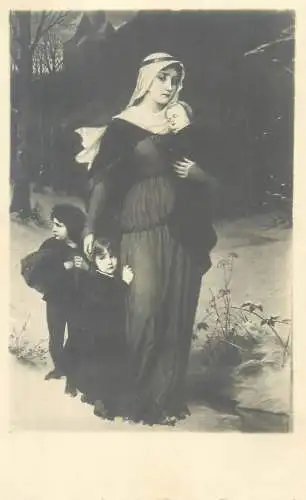 Postcard loving mother with children leaving town during night
