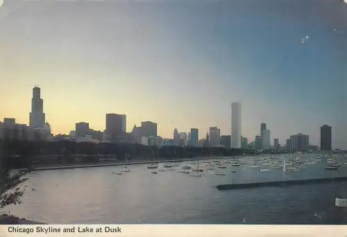 Postcard USA Chicago skyline and Harbor at dusk 1981