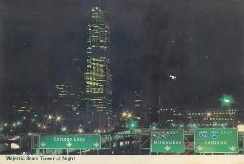 Postcard USA Chicago IL Sears tower at night 1981