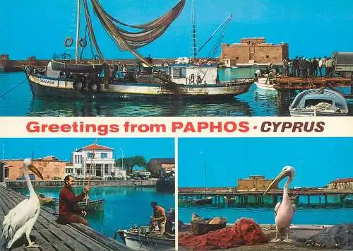 Postcard Cyprus multi view Paphos sailship