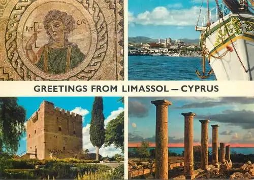 Postcard Cyprus multi view Limassol castle column yacht