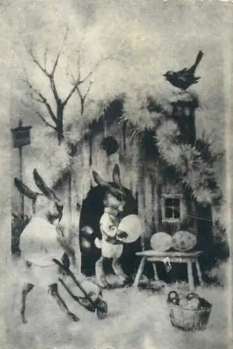 Photo format 6 x 9 cm social history Easter greeting card eggs humanized rabbit