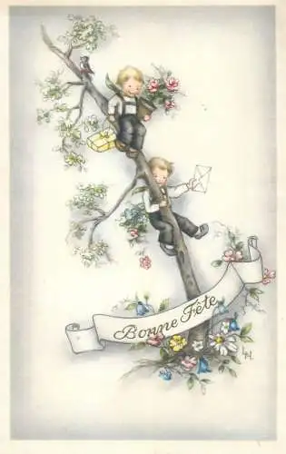 Bonne Fete illustration greetings Postcard present hunt
