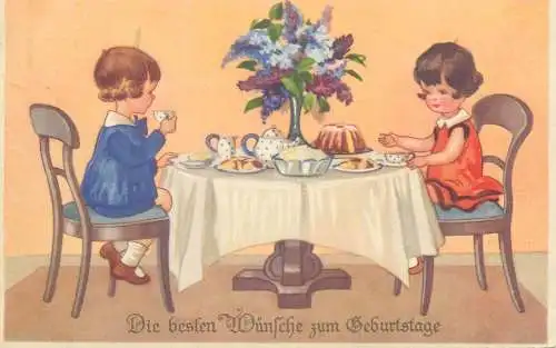 Die Besten Wunsche zum Geburtsage illustration Postcard friends having Birthday dinner