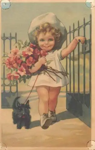 illustration Postcard charming smile beautiful glamorous girl with flower and little dog drawing
