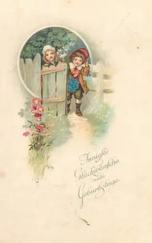 Birthday greetings illustration Postcard children types in the garden