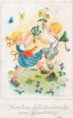 Herzlichen Gluckwunsche zum Geburtstage greetings Postcard children picking flowers wearing folk typical costumes