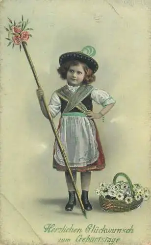 Birthday greetings Postcard Herzlichen Gluckwunsch zum Geburtstage ethnic flower girl folk traditional costume