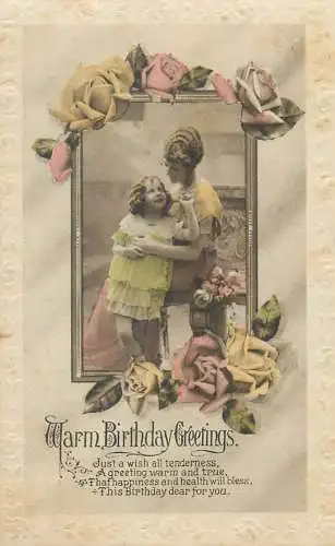 Warm Birthday greetings embossed Postcard loving mother and her daughter roses