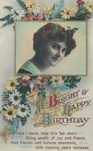 A bright and happy Birthday greetings Postcard woman photo headkerchief