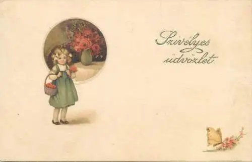 illustration Postcard beautiful young girl roses vase arrangement butterfly