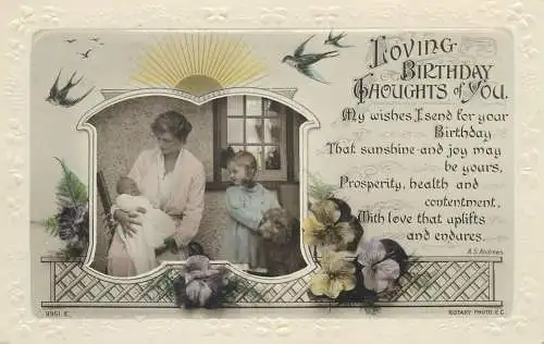 Loving Birthday thoughts of you mother and her children embossed Postcard pansies floral motif