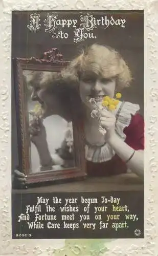 A Happy Birthday to you embossed Postcard charming smile beautiful woman