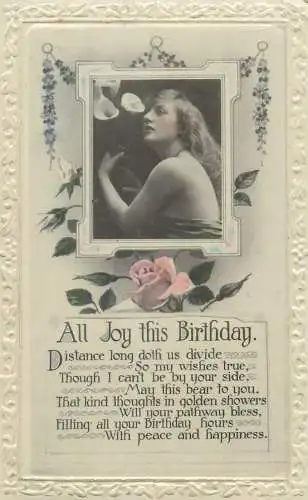 All Joy this Birthday embossed Postcard charming smile beautiful young woman pink rose