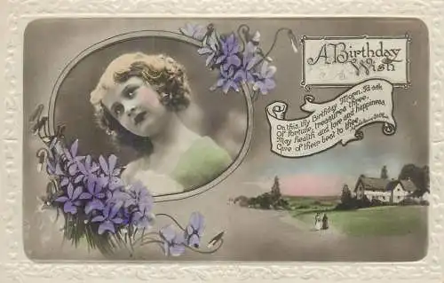A Birthday wish embossed Postcard charming smile beautiful young girl floral design