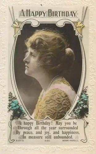 A happy Birthday embossed Postcard woman portrait