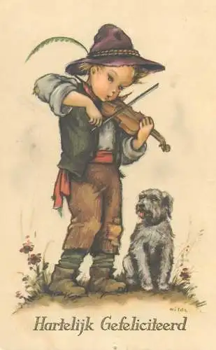 Hartelijk Gefeliciteerd illustration Postcard ethnic man violin singer with dog