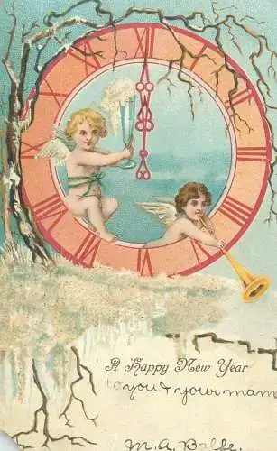 Happy New Year Greetings surrealism fantasy Illustration Post card angel types