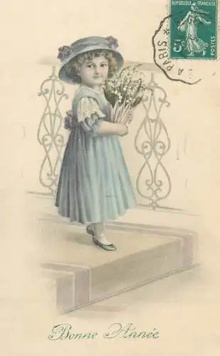 Bonne Annee Post card illustration young girl elegant dress fancy hat lily of the valley flower bouquet