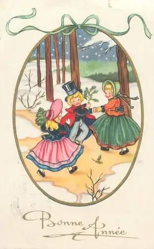 Bonne Annee Post card illustration typical historical outfits