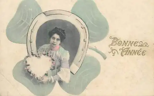 Bonne Annee Post card beautiful young woman picture horseshoe and flower decorated heart ornament