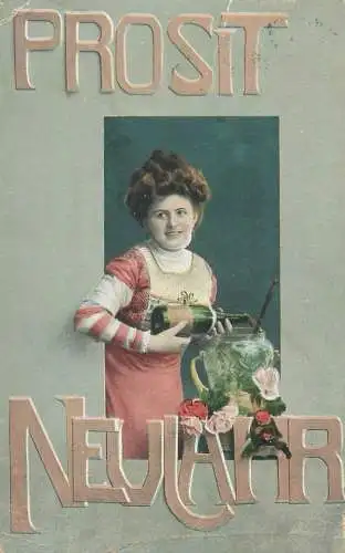 Prosit Neujaar Post card charming smile beautiful lady with champagne bottle