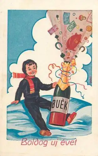 Happy New Year Post card surrealism fantasy champagne bottle