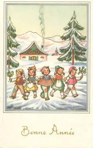 Bonne Annee greetings illustration Post card folk traditional costumes ethnic children types carolling