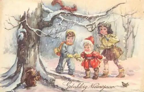 Gelukkig Nieuwjaar  greetings illustration Post card children types snowy day forest scenery
