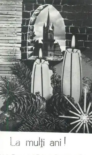 Postcard New Year greetings lit candles acorns decoration ornaments