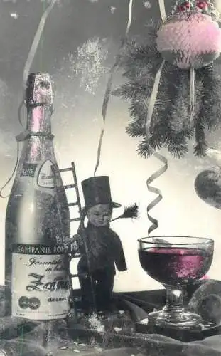 Postcard New Year greetings decorated fir tree detail view chimney sweep toy champagne bottle and glass