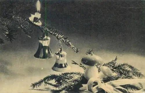 Postcard Christmas greetings decorated fir tree branch bells candle mushrooms