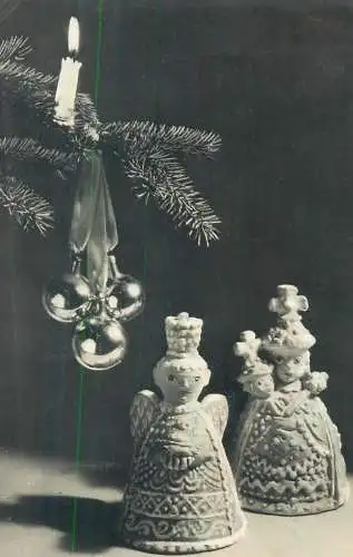 greetings Postcard Christmas angel miniature statues decorated Christmas tree detail view