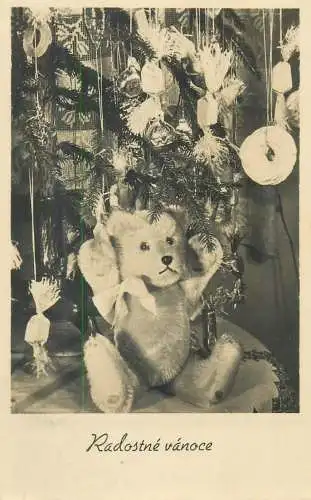 greetings Postcard Christmas teddy bear toy decorated Christmas tree detail view